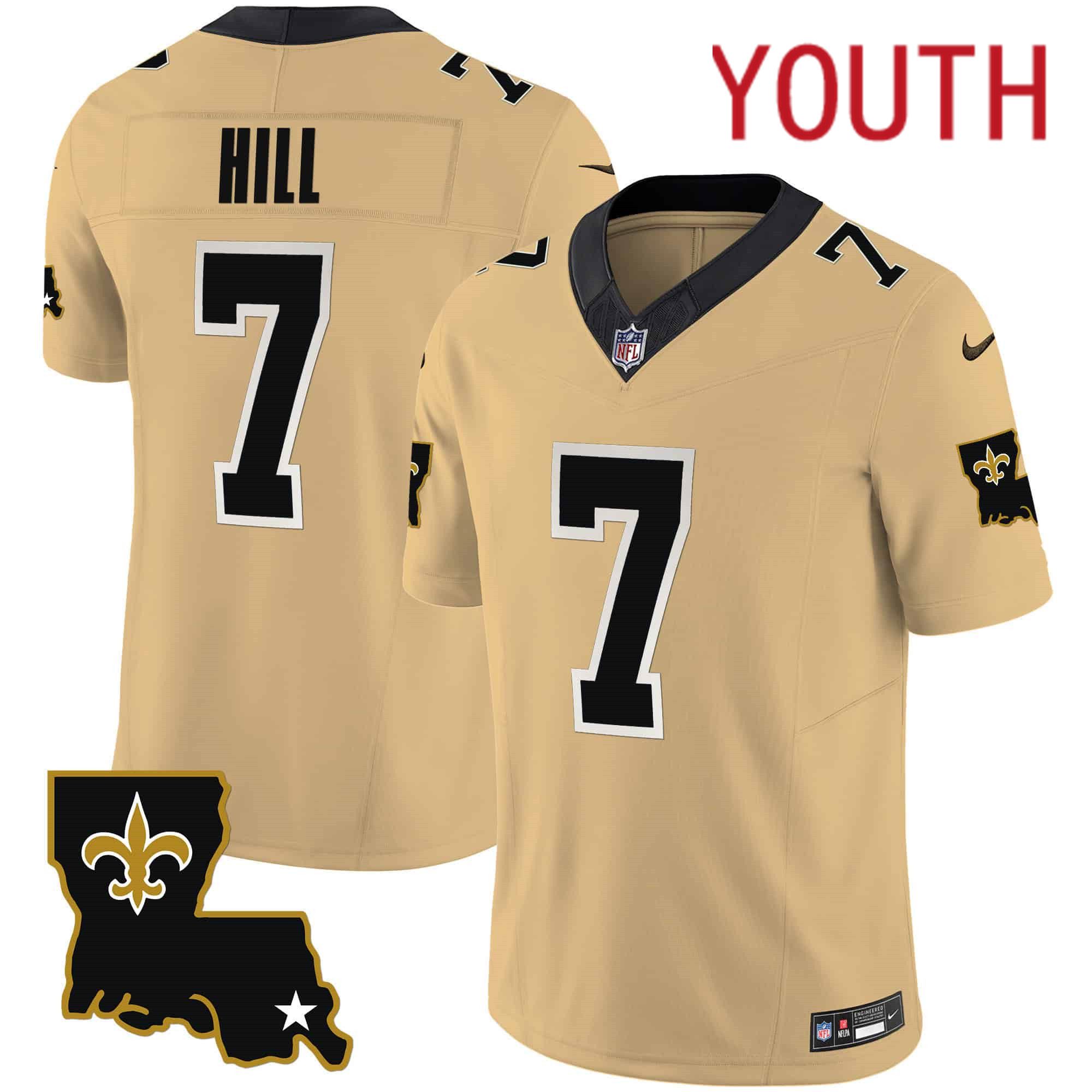 Youth New Orleans Saints 7 Hill Yellow 2024 Nike 1987 Legacy Vapor Limited NFL Jersey